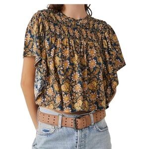 Free People Navy Blue Daisy Floral Smocked Wide Batwing Boho Short Sleeve Blouse